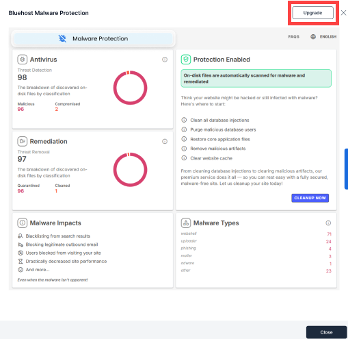 Bluehost Malware Protection - Upgrade